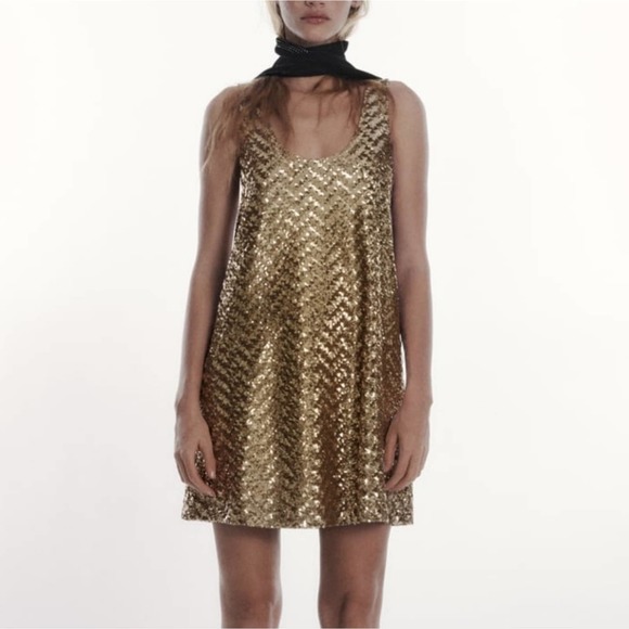 Zara Dresses & Skirts - Zara Gold Sequins Mini Dress Scoopneck Sleeveless Small